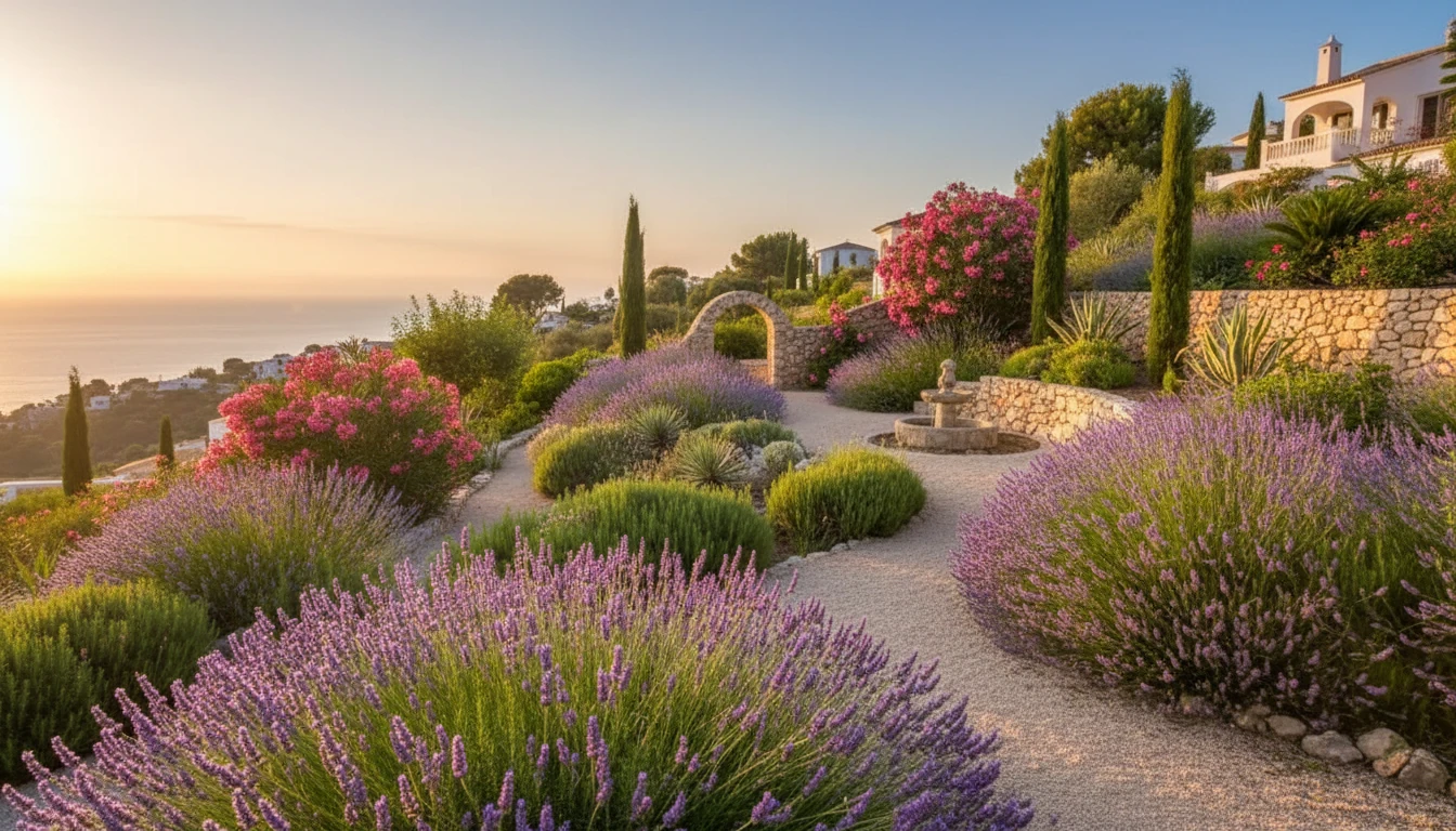 Jardín mediterráneo en Marbella con olivos, lavanda y sendero de piedra natural
